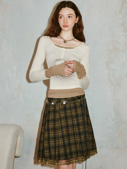 Lace Spliced Plaid A-Line Pleated Skirt