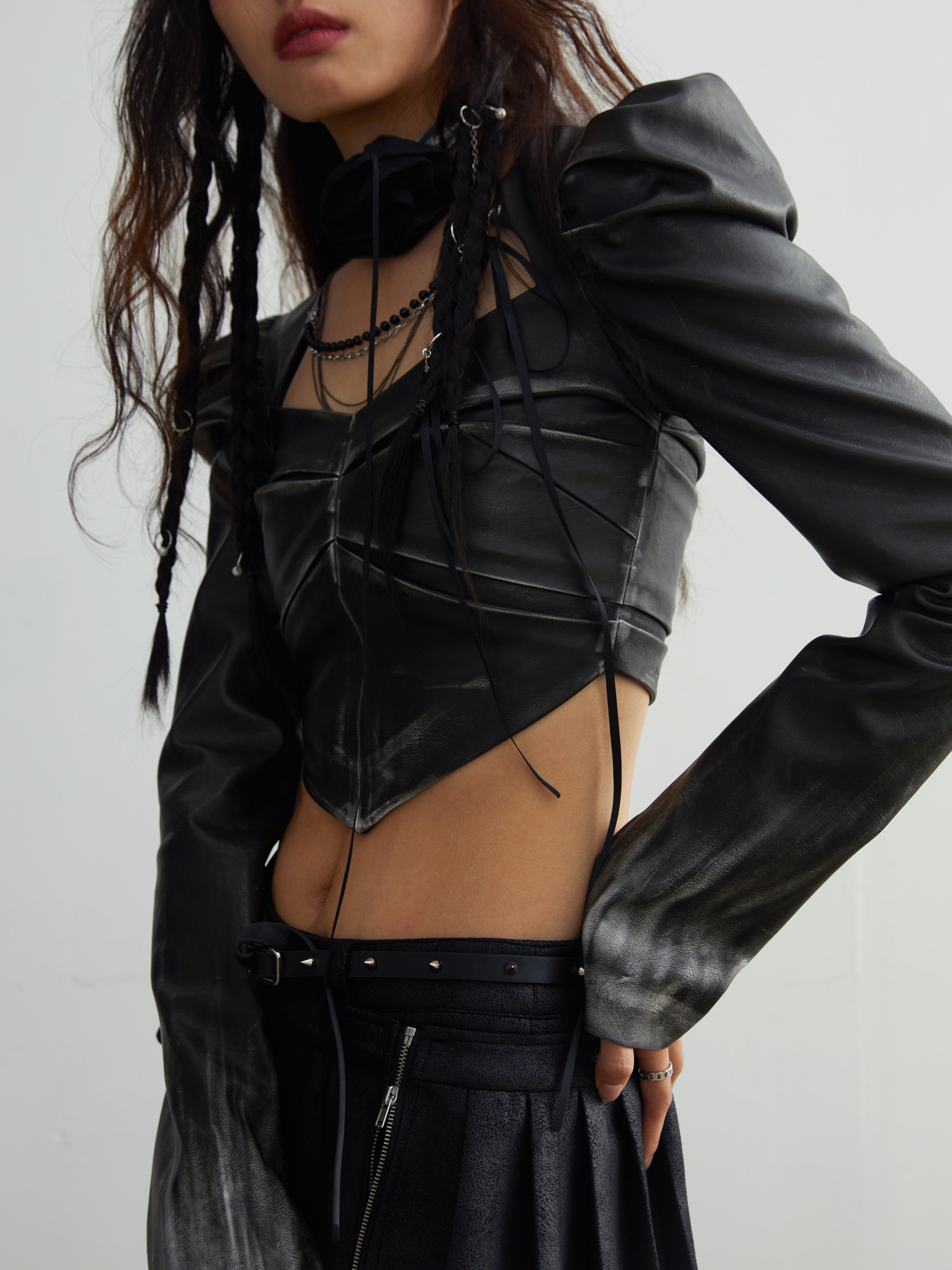 Chain Decorated Gradient Imitation Leather Short Jacket