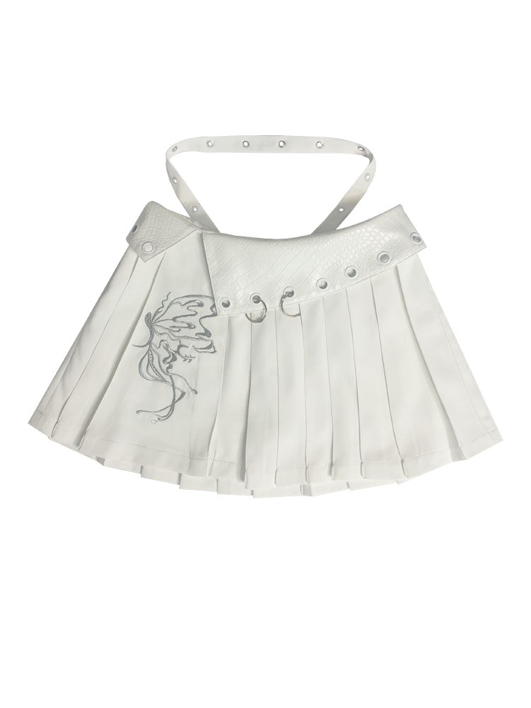 Pleats Embroidery Ring Flap Mini Flare Short-Skirt