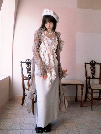 See-through Irregular Lace Long-sleeved Shirt