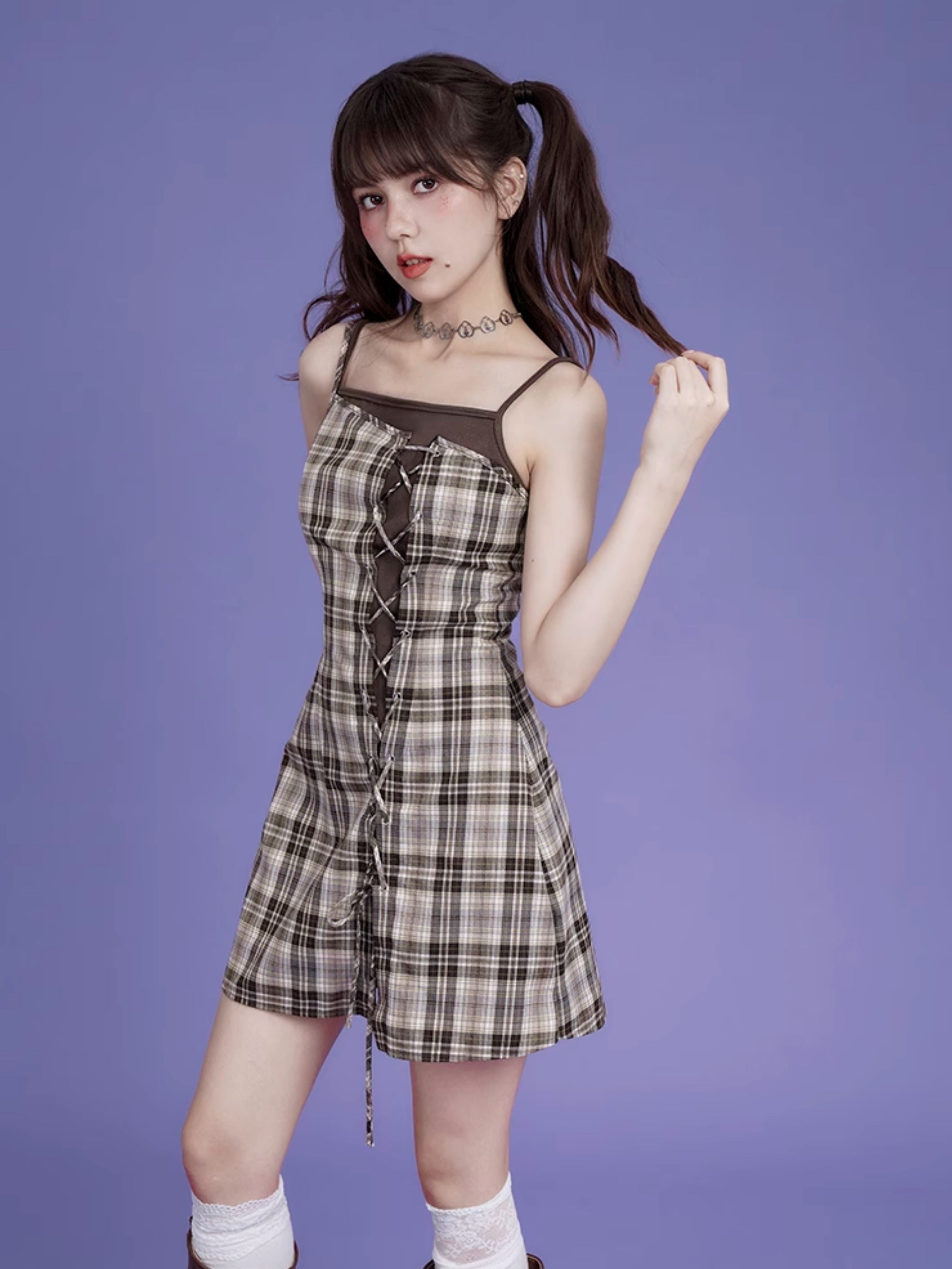 Plaid Suspender One-piece ＆ Cardigan Set-up