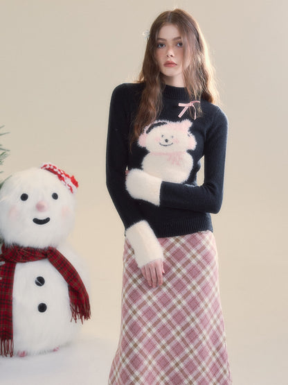 Snowman Splicing Fur Bottle-neck Slim Sweater