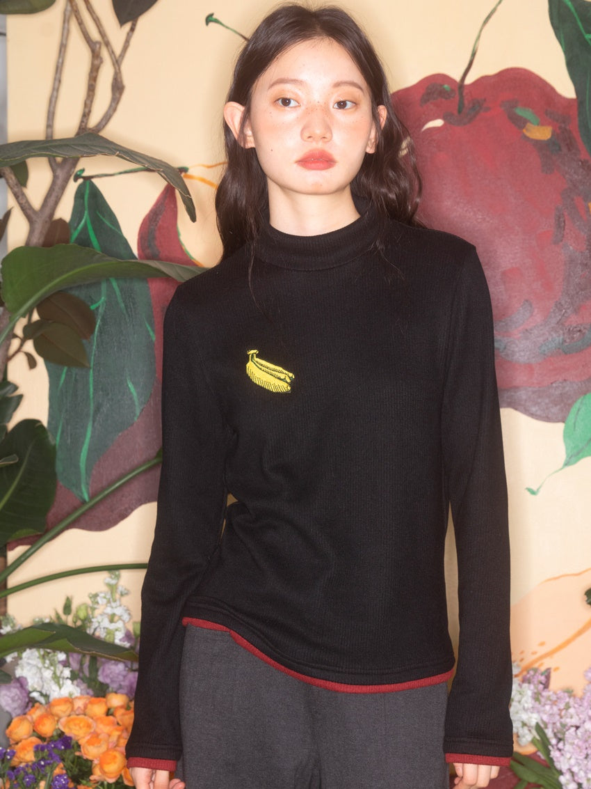 Banana Embroidery Contrasting Color Half Turtleneck Knitted Shirt