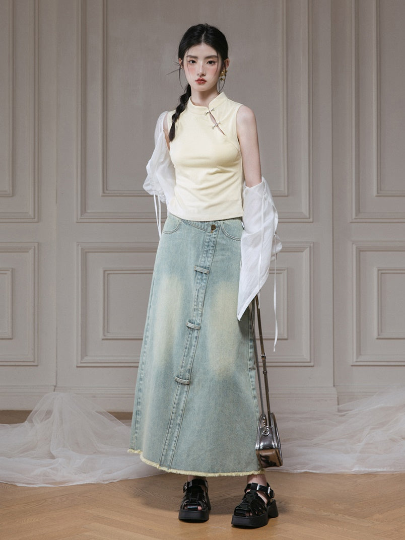 Slanted Placket Distressed Denim Skirt