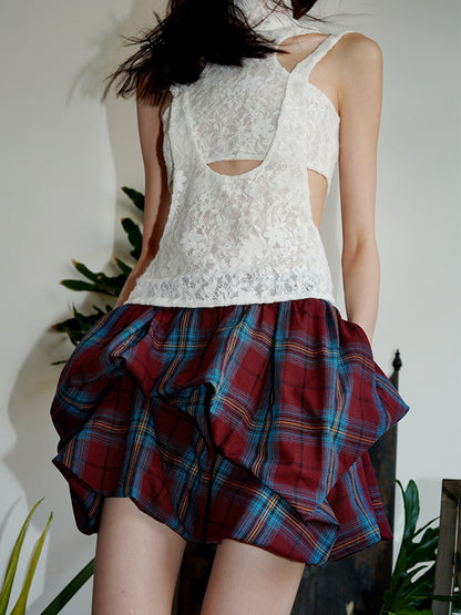 Plaid 2Way Design Short Bud Skirt &amp; Bare Top