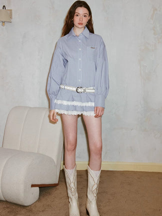 Pleated Hem Shirt in Black and White