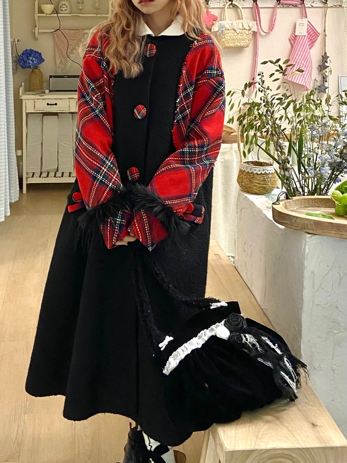 Retro Plaid Switching Long Coat