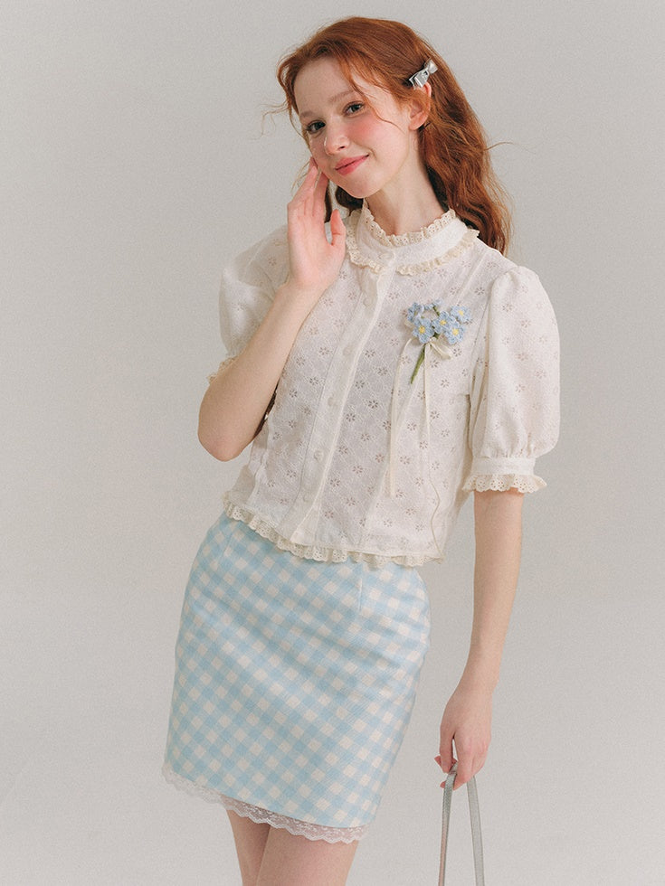 Stand Collar Jacquard Lace French Short-sleeved Shirt