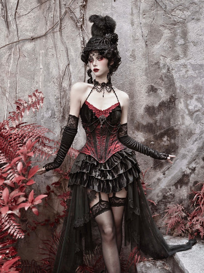 Gothic Velvet Fishbone Corset &amp; Bel Decoration Camisole &amp; Tulle en dentelle en velours jupe