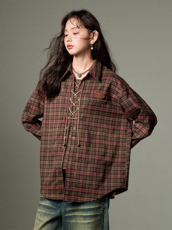 Lace-Up Strap Retro Casual Shirt