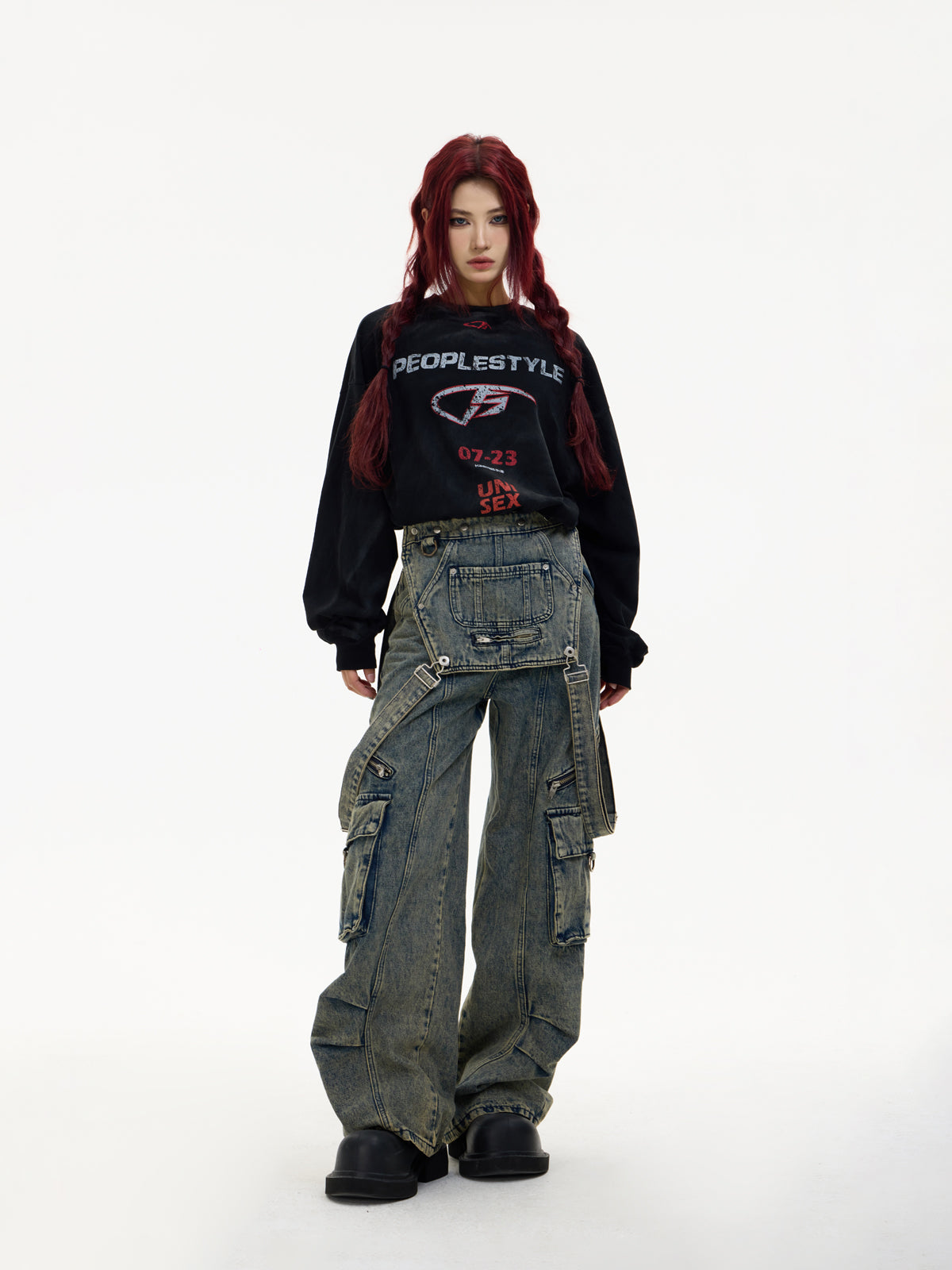 Detachable Distressed Washed Multi-pocket Salopette Pants