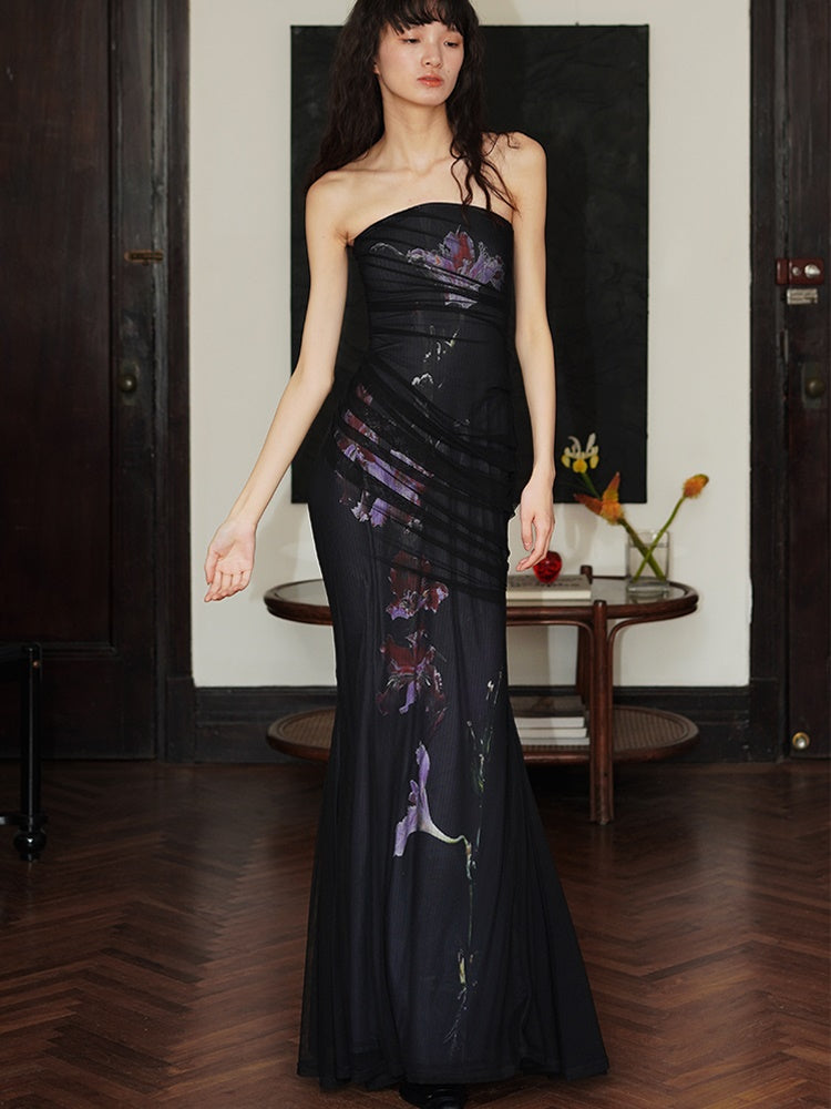 Chinese Style Print Slim Mesh Long Strapless Dress