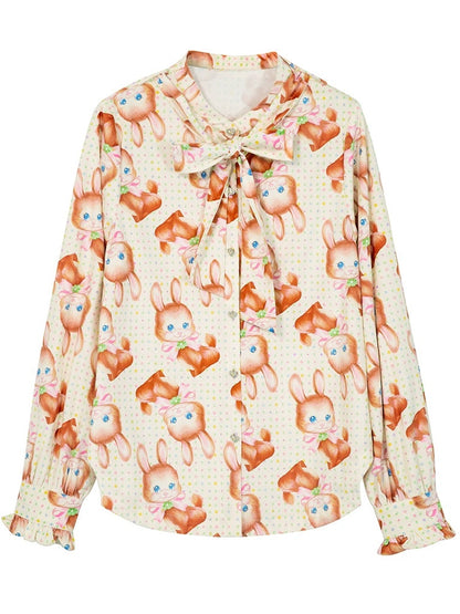 Retro Print Bunny Stand Collar Bow Shirt