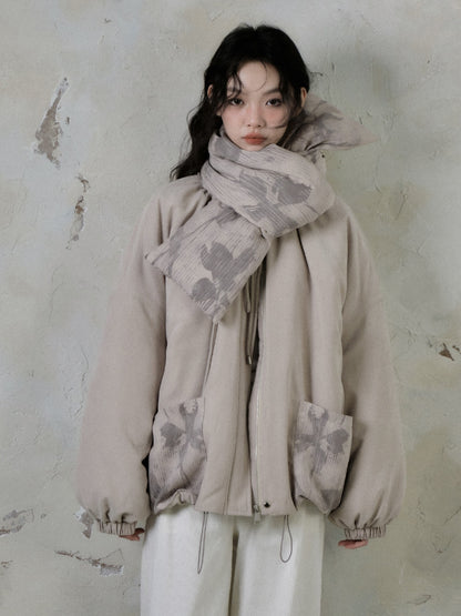 Floating Flower Shadow Printed Loose Padded Jacket &amp; Muffler