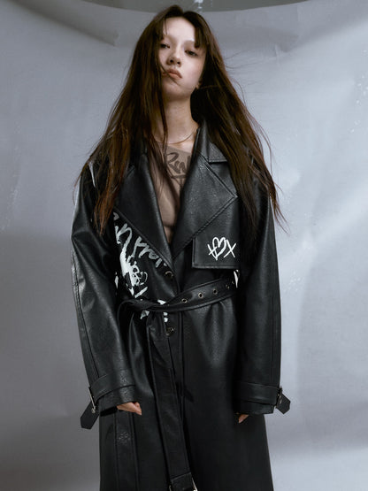 Graffiti Belt Loose Leather Coat