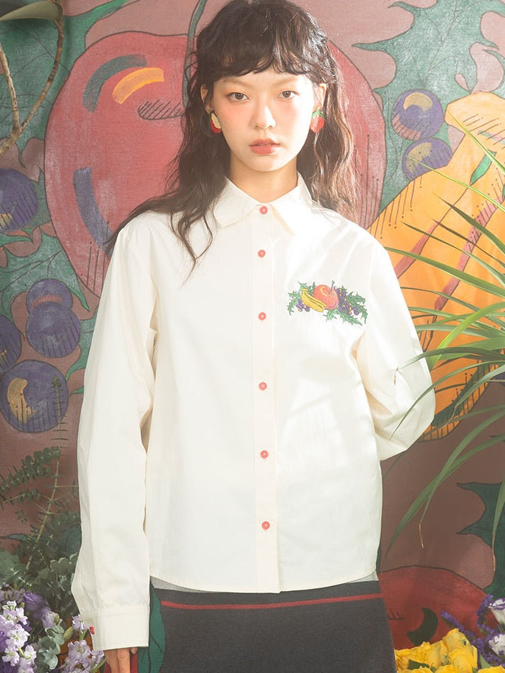 Fruit Embroidered Loose Long-sleeved Shirt