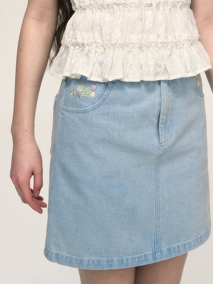 Simple Embroidery A-line Washed Denim Mini Skirt