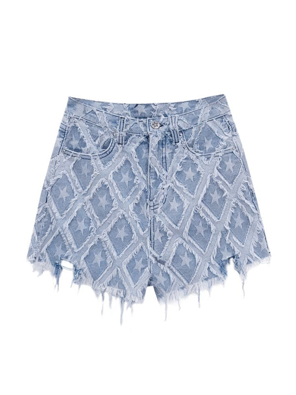 Hohe Taillensterne Fransen -Denim -Shorts