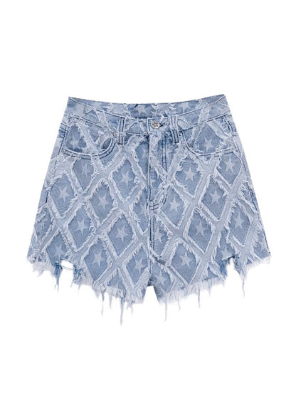 High Waist Stars Fringed Denim Shorts