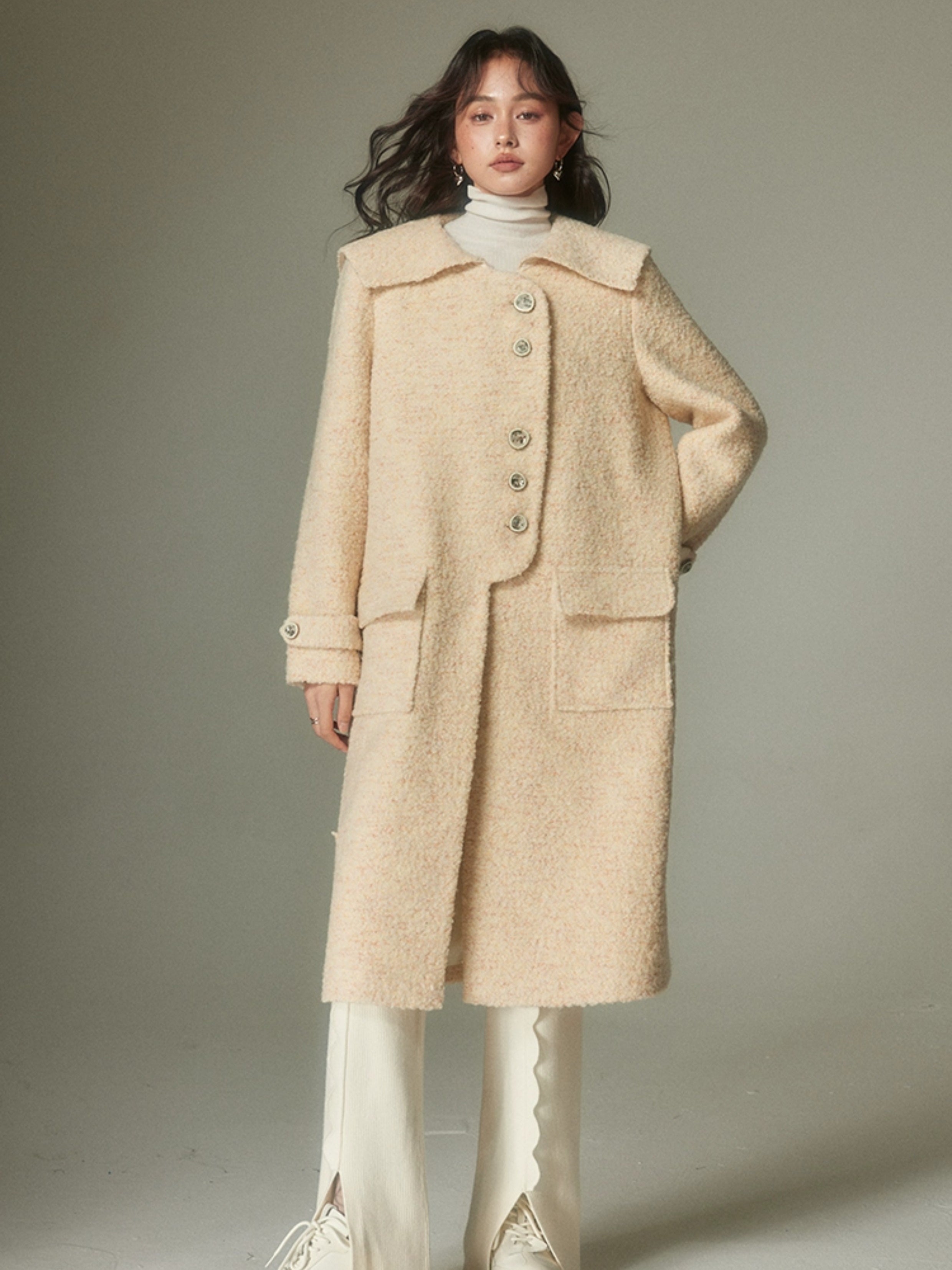 Large Lapel Design Button Middle Length Coat