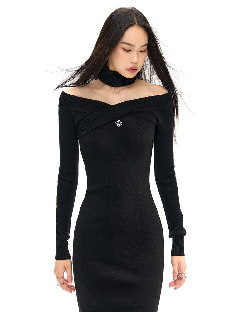 Cross-neck Long Slim Knit Dress