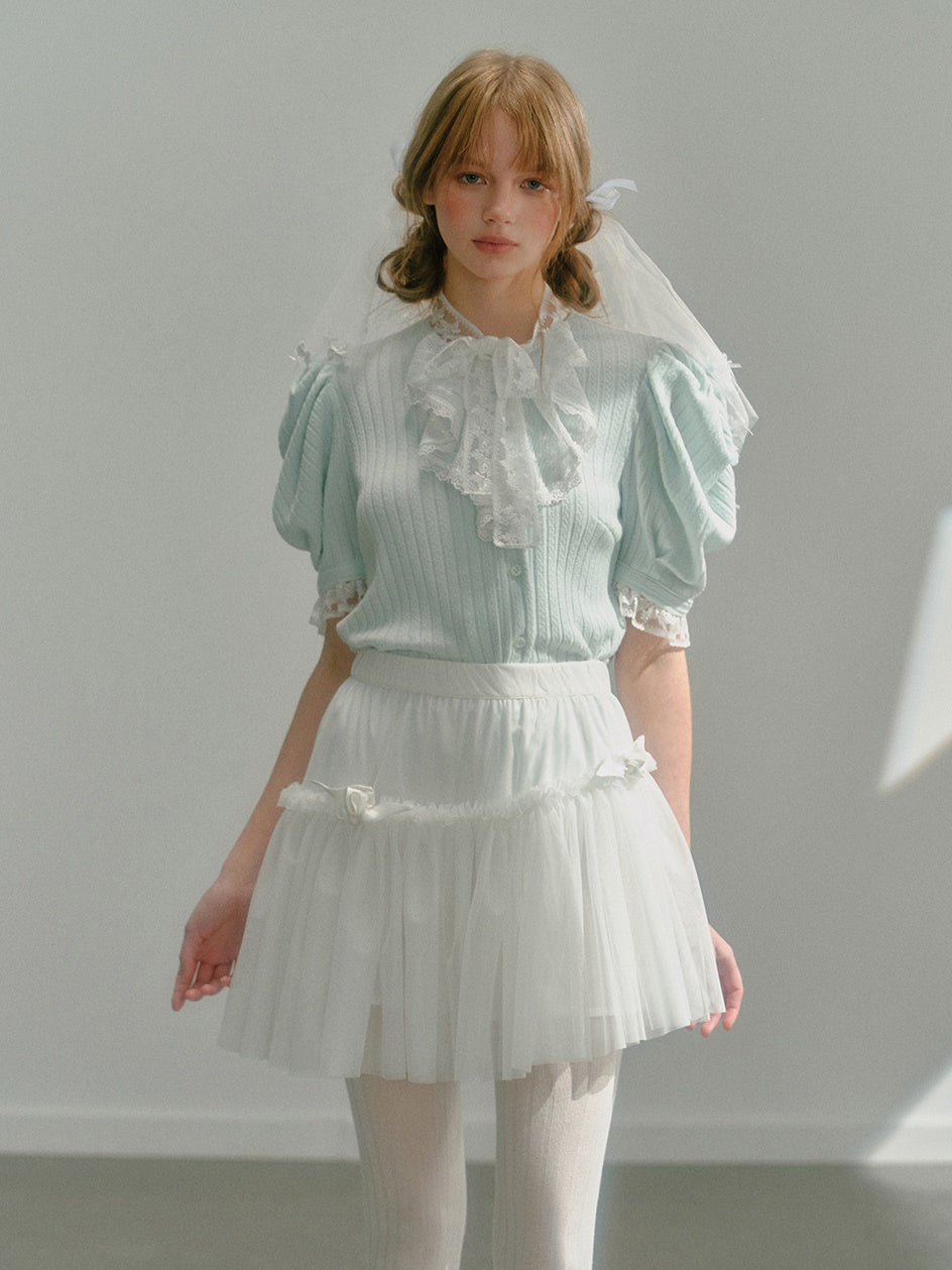 Knitted Short-sleeved Lace Spliced Diagonal Placket Ruffled Shirt