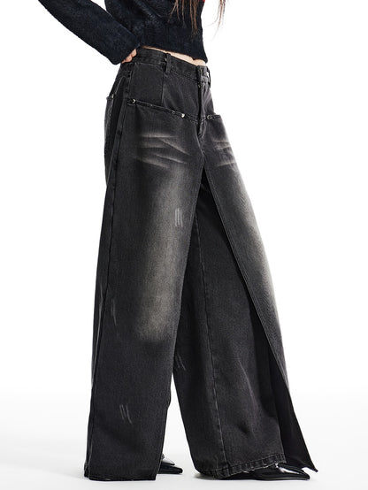 Washed Layered Design Wide-leg Jeans