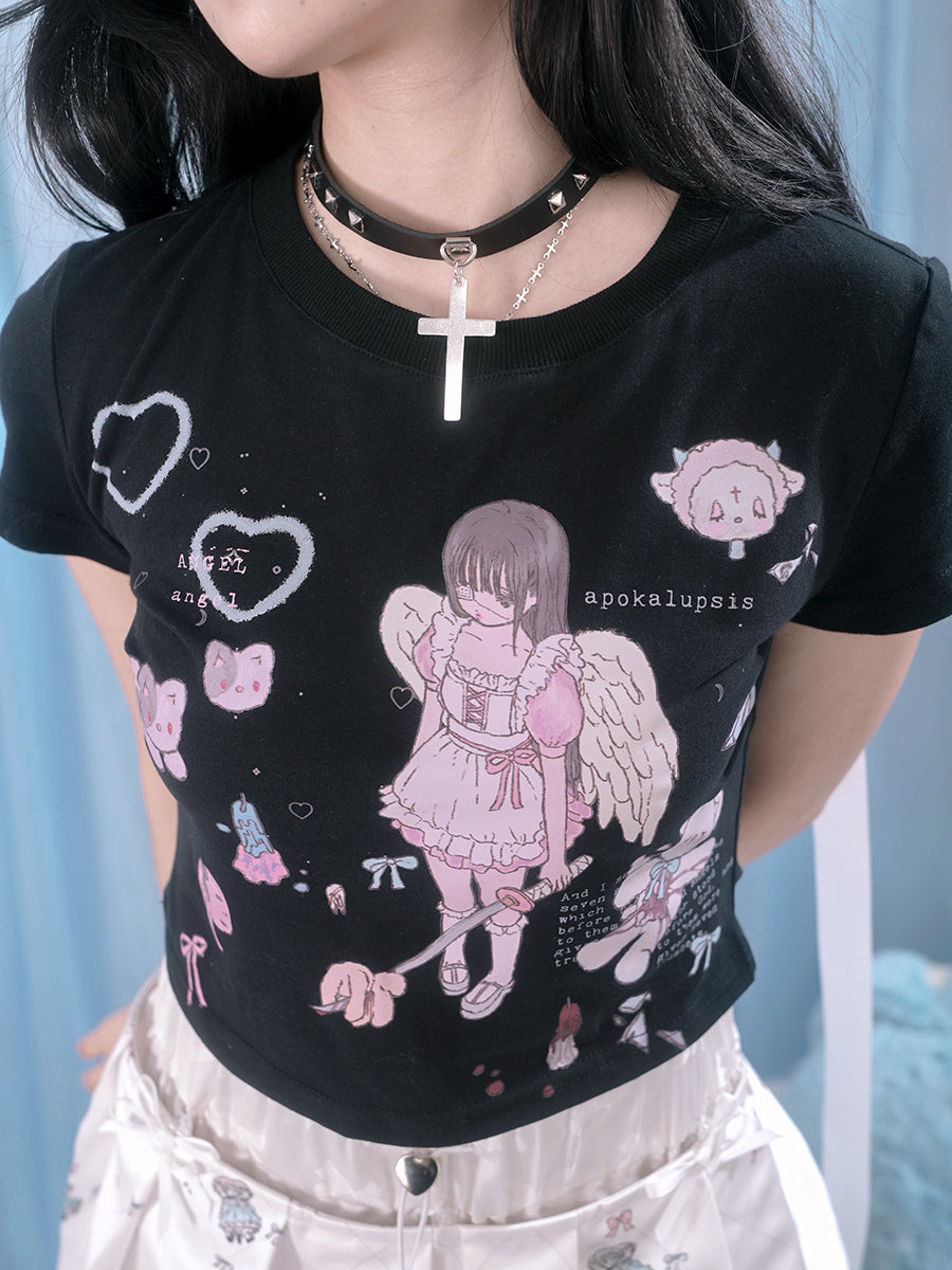 Angel Print Short-sleeved Tight T-shirt