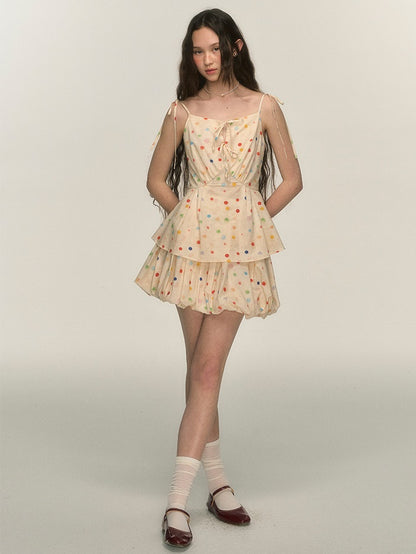 Colorful Polka Dot Print Camisole ＆ Tutu Balloon Skirt