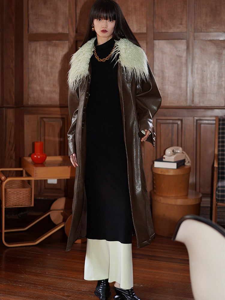 Fur Collar Slim Long Leather Coat