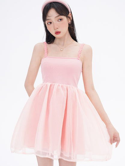 Splicing High Waist Tulle Suspender Dress