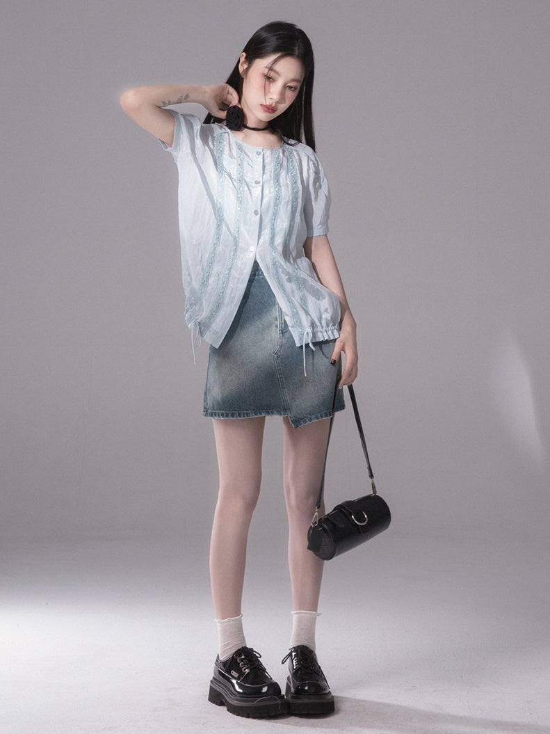 Glossy Drawstring Shirt &amp; Slip Long Dress