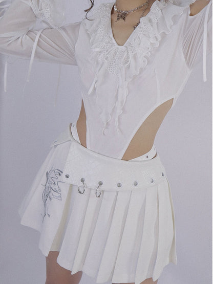 PLEATS EMBROIDERY RING FLAP Mini Flare Short-Skirt