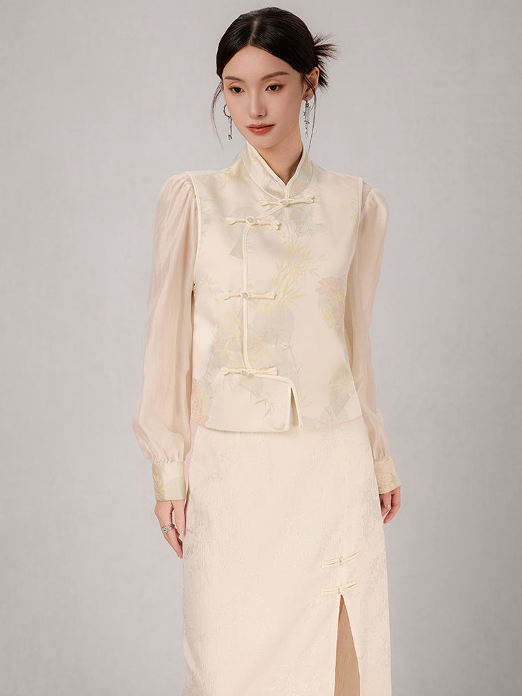 Chinese Style Jacquard Stand Collar Vest ＆ Sheer Top Set-up