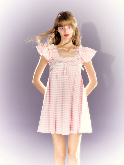 Plaid Bow Lace Square Collar Babydoll Dress