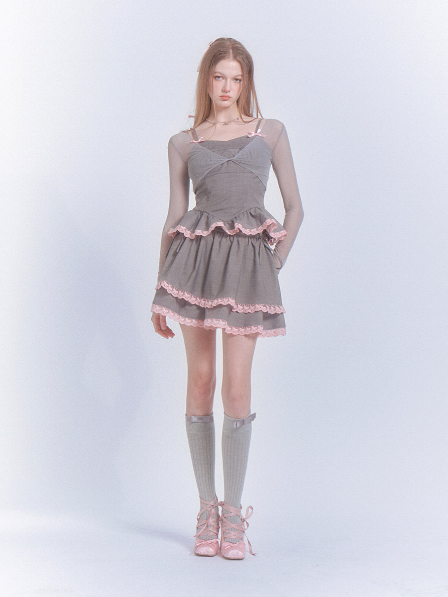 Stitching Lace Pleated Suspenders Top &amp; Cake Skirt