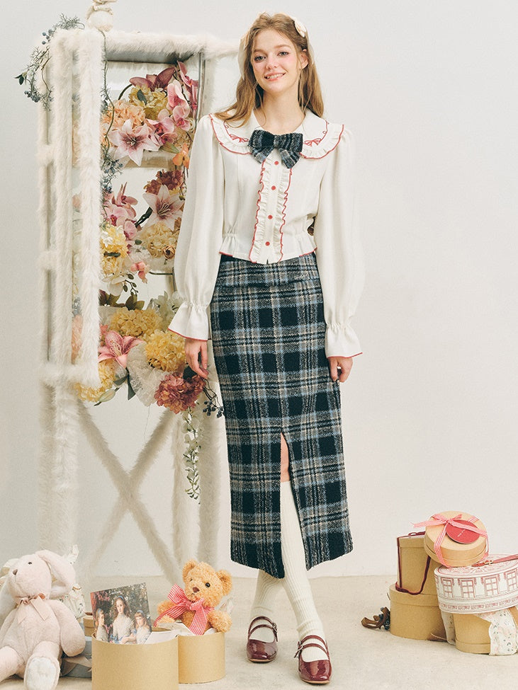 Checked I-Line Slit Mid-Length Skirt &amp; Ribbon