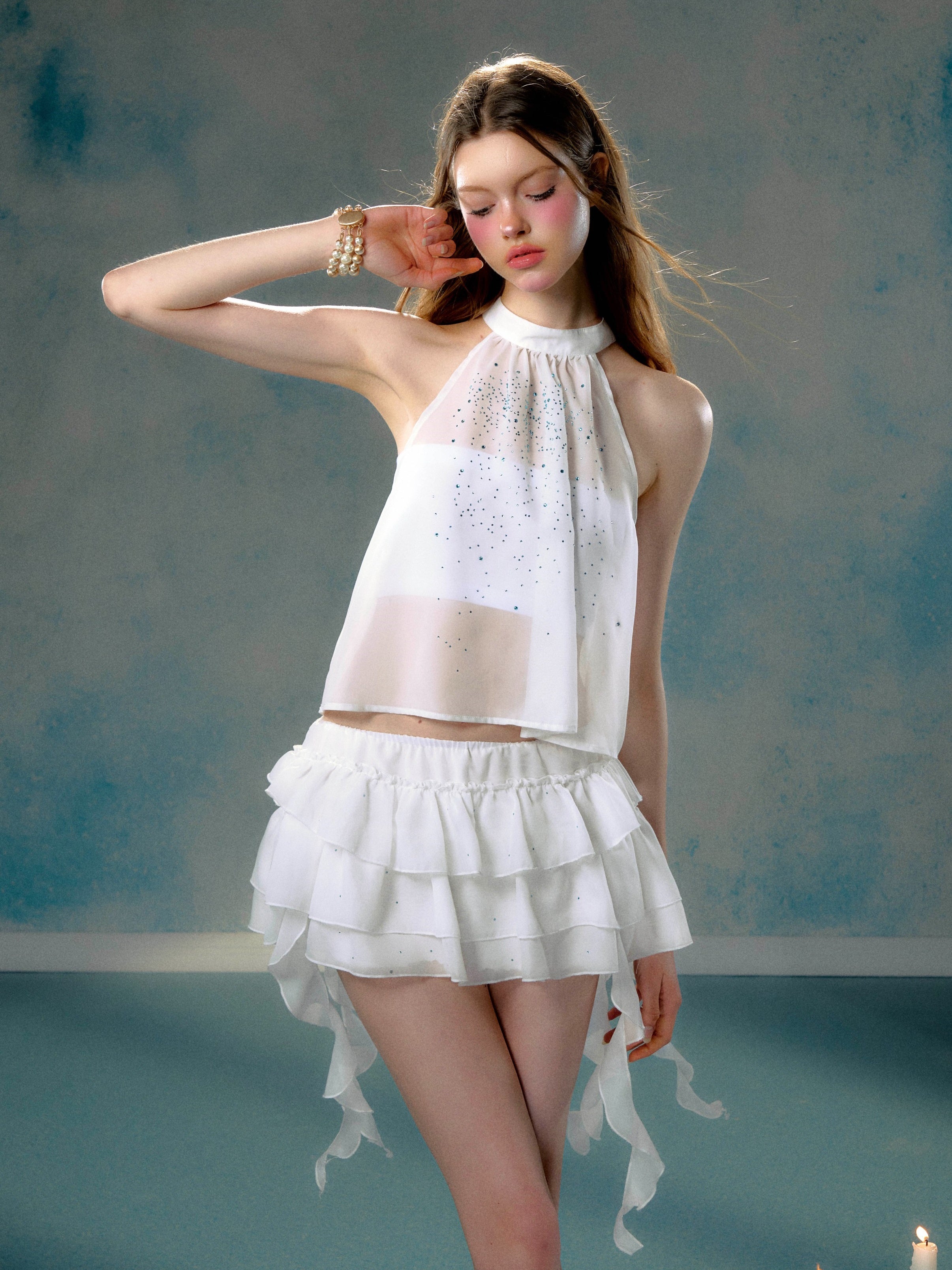 Starry Transparent American Sleeve Top &amp; Ruffle Cake Short Skirt