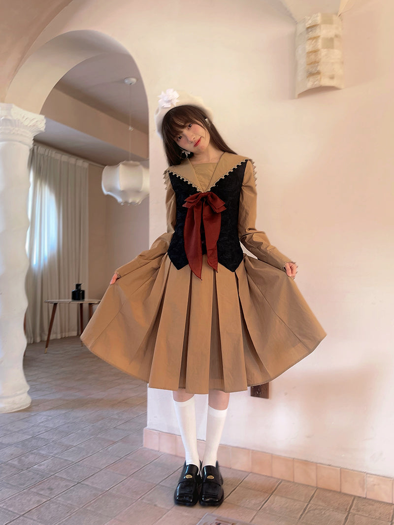 Sailor Neck Bow Pleated Dress