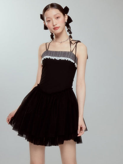 Grid Stitch Lace Embroidered Suspender Dress