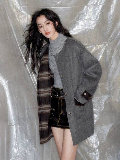 Plaid No-Collar Double-sided Coat