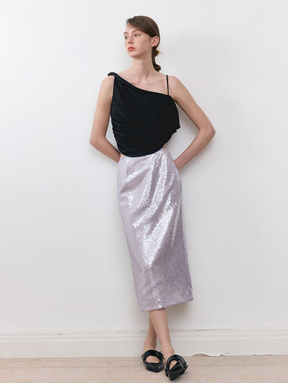 Three-dimensional Spangle Glossy Straight Skirt