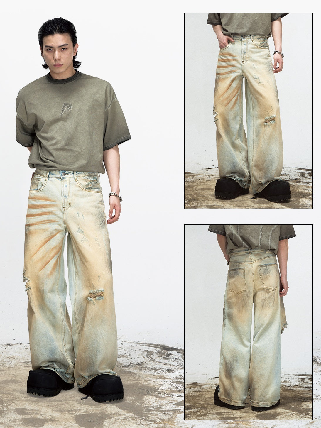 Yellow Mud-dyed Washed Distressed Straight Jeans