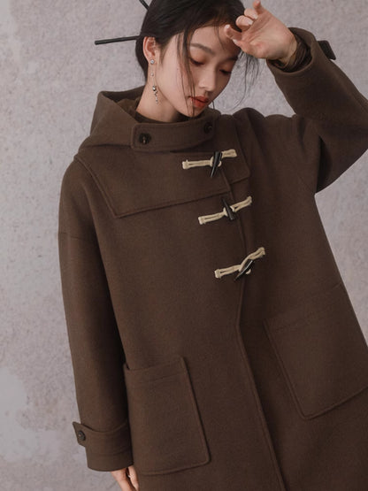 Horn Button Hooded Mid-Length Coat