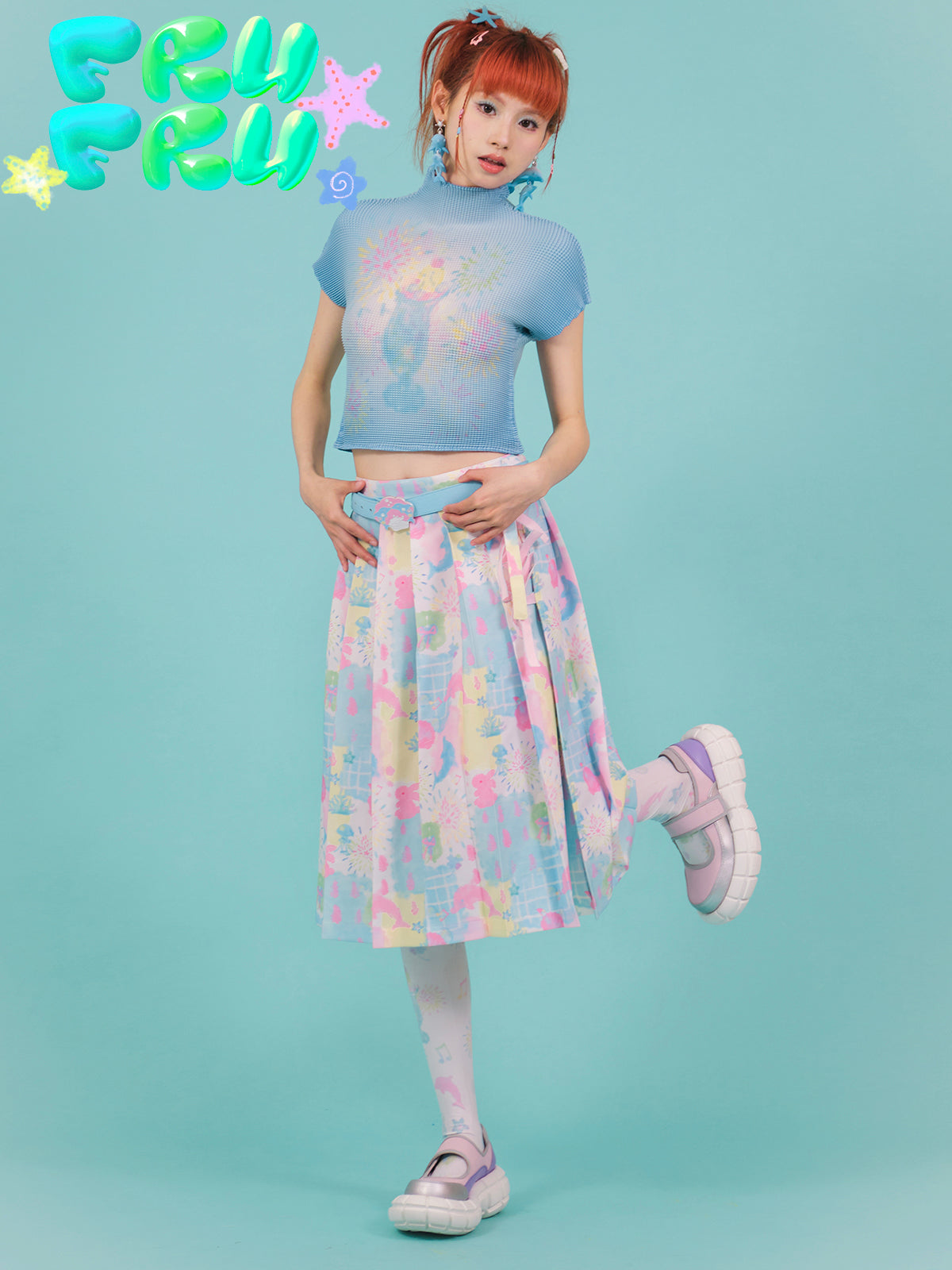 Cartoon Dolphin Printed Pleated Skirt