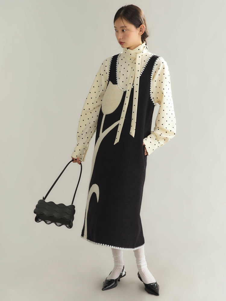 Long Knit Flower Monotone Chic Retro Dress