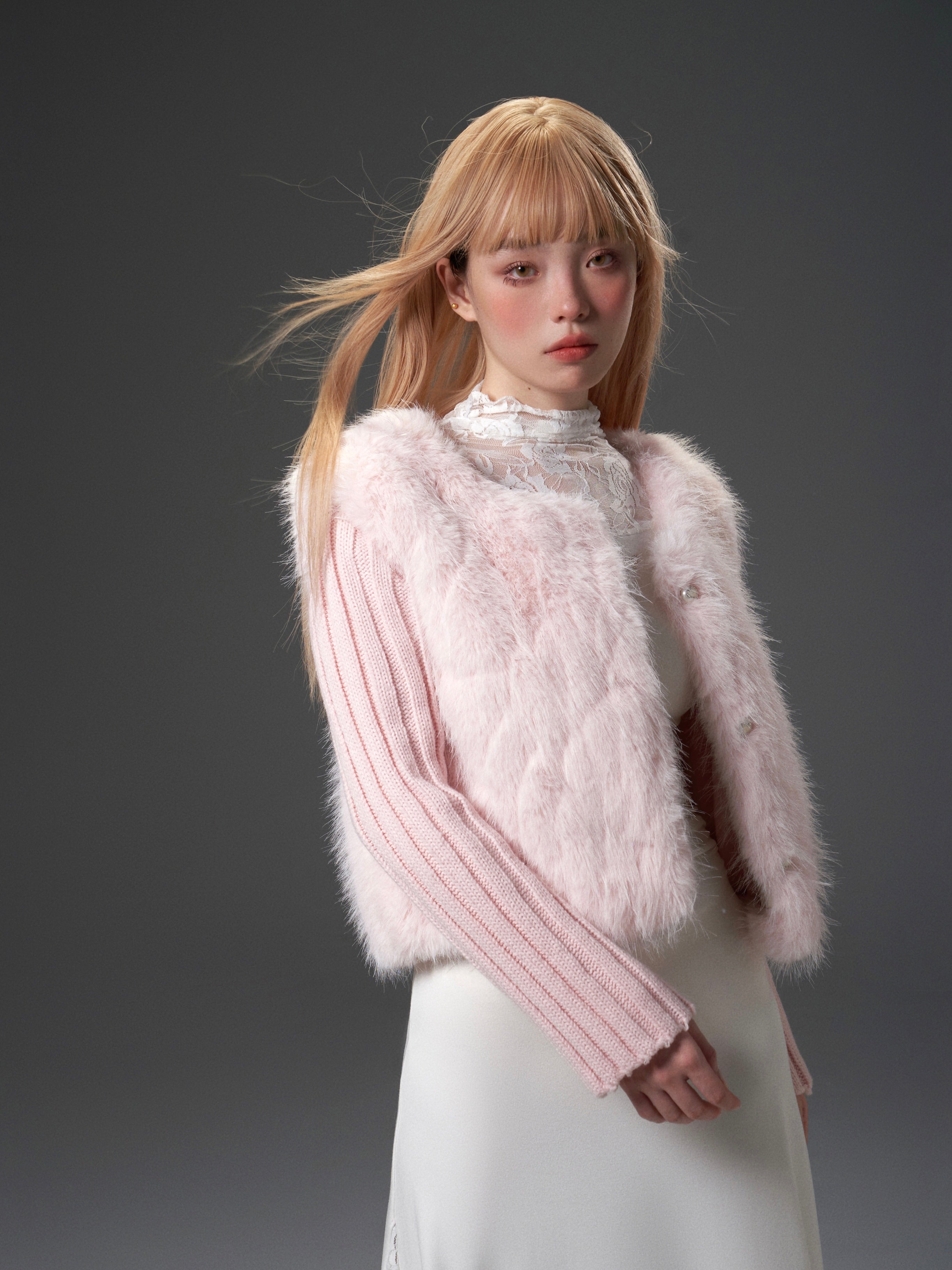 Knitted Neck &amp; Sleeve Splicing Detachable Fur Jacket