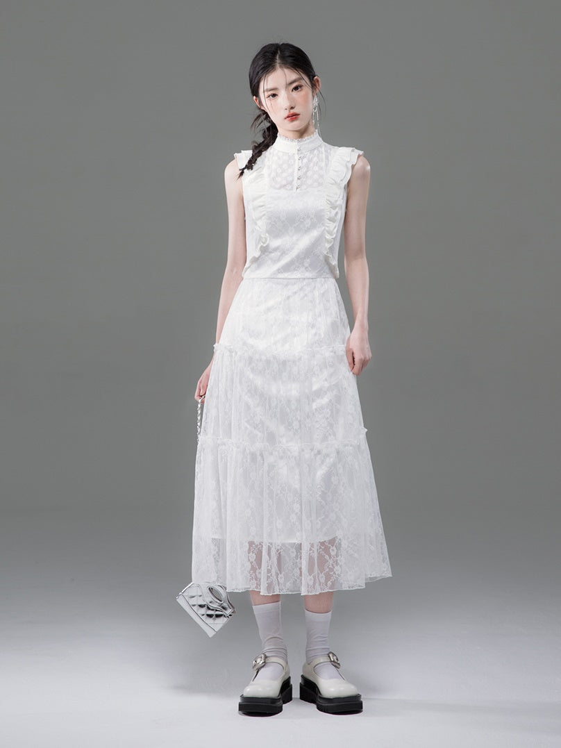 Lace Stand Collar Tiered Sleeveless Dress