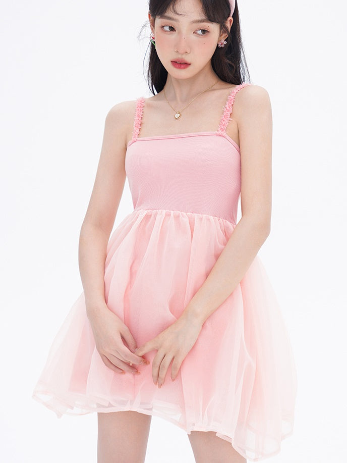 Splicing High Waist Tulle Suspender Dress