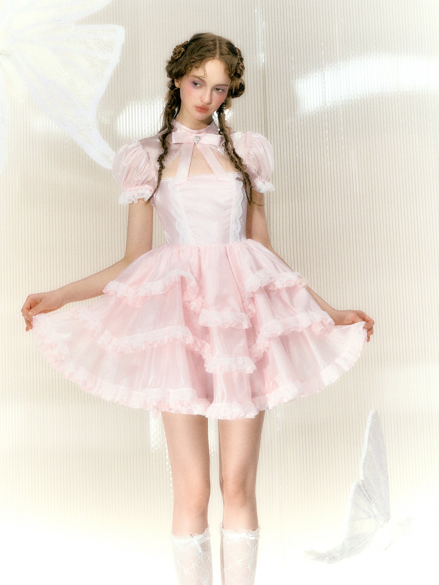 Organza Rhinestone Bow Short-sleeved Lace Princess Dress